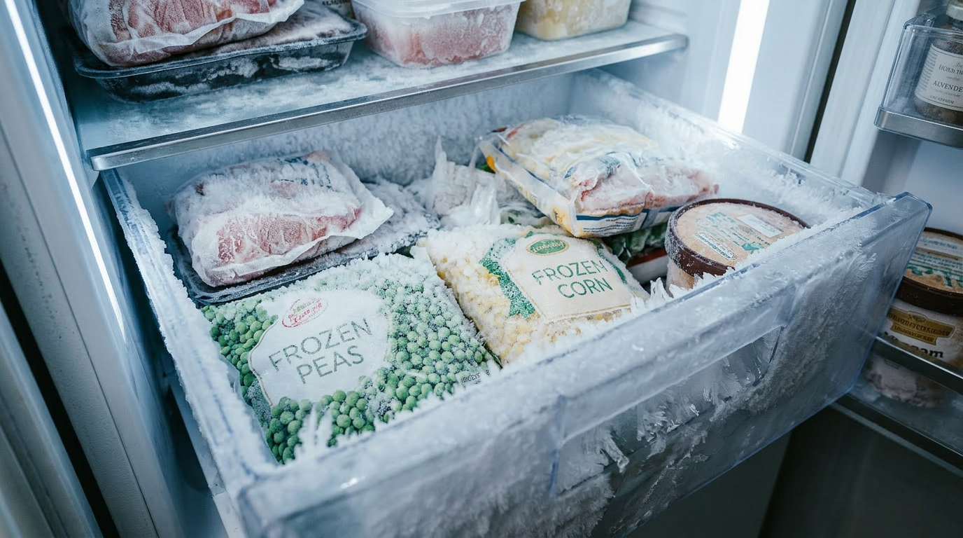 Freezer drawer with frost and frozen peas, corn, meat packages, and ice cream containers