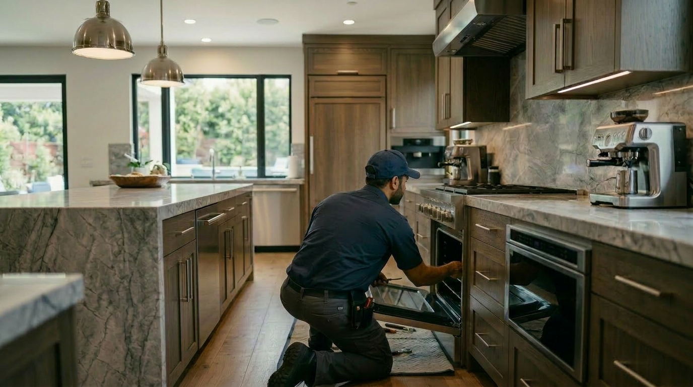 Technician kneeling and repairing an oven in a modern kitchen
